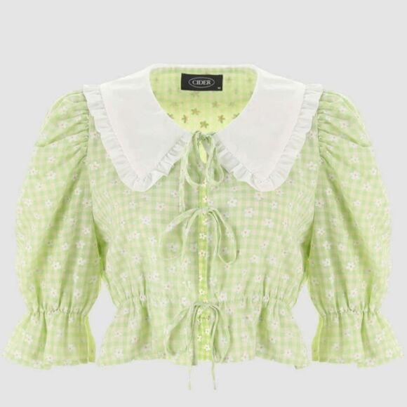 NEW Cider green puff sleeve tea‎ party daisy crop top with tie front M - Picture 1 of 10